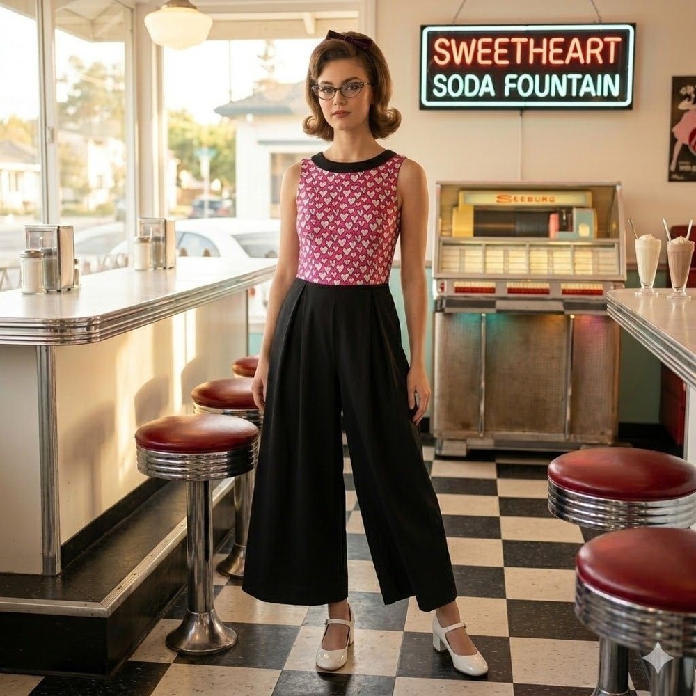 Yintage Heirloom Bows Heart Print Wide‎ Leg Jumpsuit Retro Rockabilly